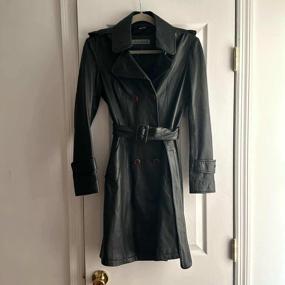 Belted black leather trench coat